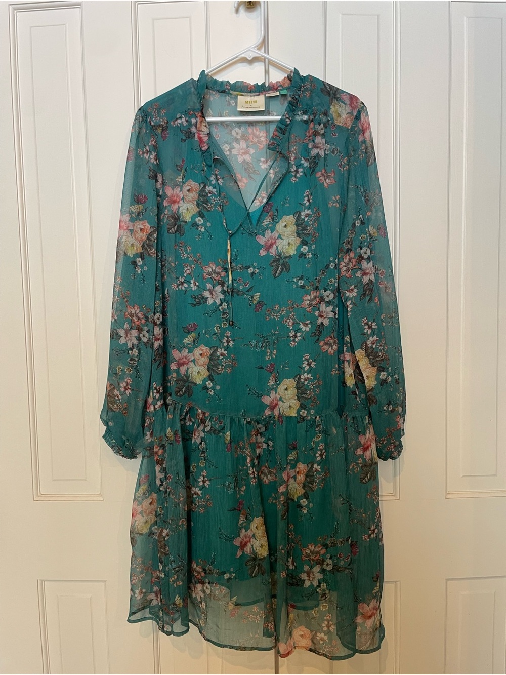 Anthropologie Teal Floral Ruffle Tiered Long-Sleeve Dress